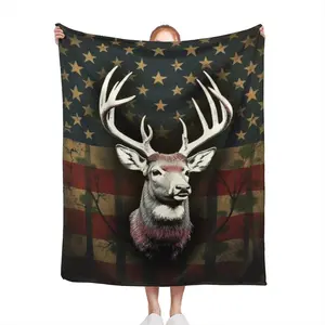 1pc Extra Large Flannel Blanket - Heavyweight 280GSM All-Season Sofa Bed Throw - Deer Head, Stars & American Flag design Brown/Black/Beige/ - Soft Warm Bedspread for Living Room, Camping, Cabin - Rust