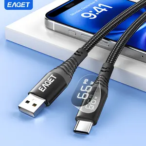EAGET 1 Pack USB-C Cable 66W Super Fast Charging cord 2M, Nylon Braided Type-C Charger Cord with Digital Display, 6A High Speed Charge & 480Mbps Data Sync, Heavy Duty Anti-Break Charging Cable for iPhone 15/16 Samsung Android, for Home Office Travel gift