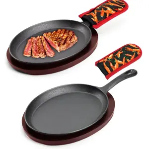Cast Iron Sizzling Plate with Wooden Base & Handle Cover – Fajita Skillet for BBQ & Kitchen