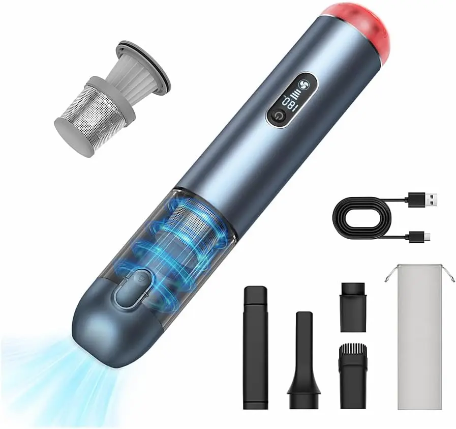 Skybling Car Vacuum Portable Cordless, 18,000Pa 2 in 1 Vacuum Cleaner&Air Duster, 100W Brushless Motor Handheld — 3-Speed Suction, LED Emergency/White Light, 5-in-1 Vacuum+Blower+Inflator+Air Pump, perfect gift for home/Car/Office-002