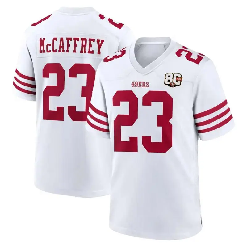 McCaffrey 23 Full Logo Printed Football Jersey - 2026 Trendy 80th Anniversary Alternate Custom Game Jersey, Men's Sports Collectible Activewear Tee