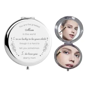 1pc To My Mom Sliver Stainless Steel  Compact Mirror Flat Round with Word Floral Pattern for Mother Mom