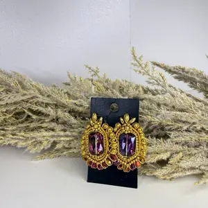 Elegant Gold-Tone Earrings with Purple and Red Gemstones for a Bold Statement Look