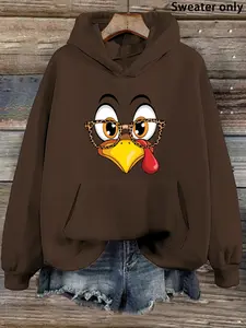 Autumn Winter Fun Leopard Print Turkey Head Hoodie, Casual Long Sleeve Drawstring Women's Hooded Sweatshirt, Geometric Pattern