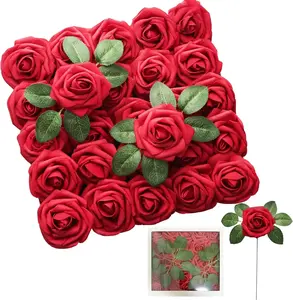 Dark Red Artificial Roses 25pcs, Real Looking Fake Foam Flowers with Stems for DIY Wedding Bouquets, Centerpieces, Valentine's Day, Christmas Tree Decoration