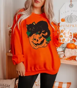 Vintage Black Cat On Pumpkin Sweatshirt, Retro 90s Halloween Shirt, Fall Crewneck Sweatshirt, Black Cat Sweater, Halloween Black Cat T-shirt