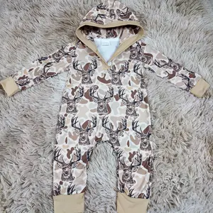 Long sleeves camo deer printed button hooded romper hunting baby boy wear
