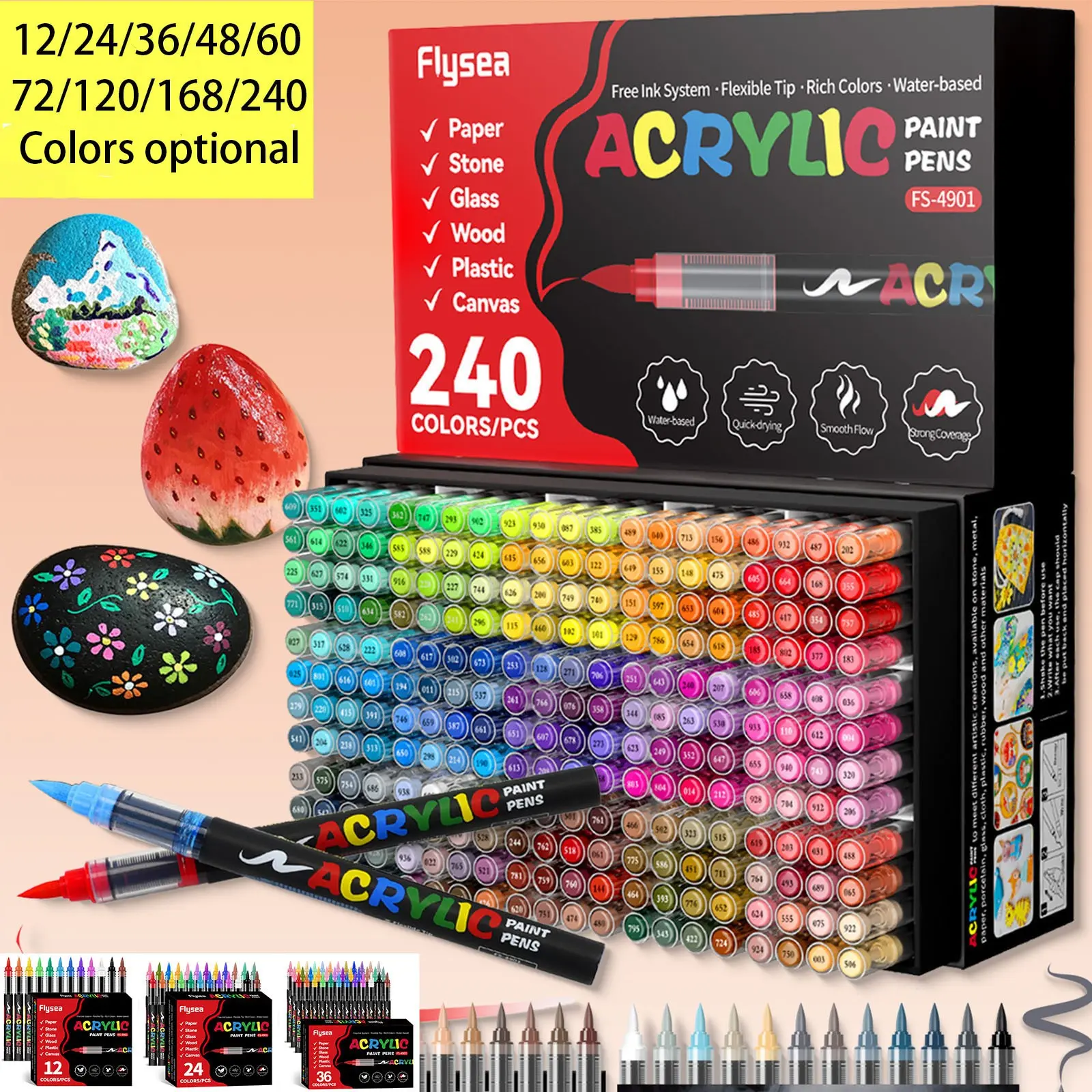 Acrylic Paint Soft Brush Marker Set, Acrylic Marker Pen, Acrylic Paint Markers, 12-240 Optional Colors, Auto-Ink Control, Ideal for Wood, Stone, Canvas & More, DIY Craft Supplies