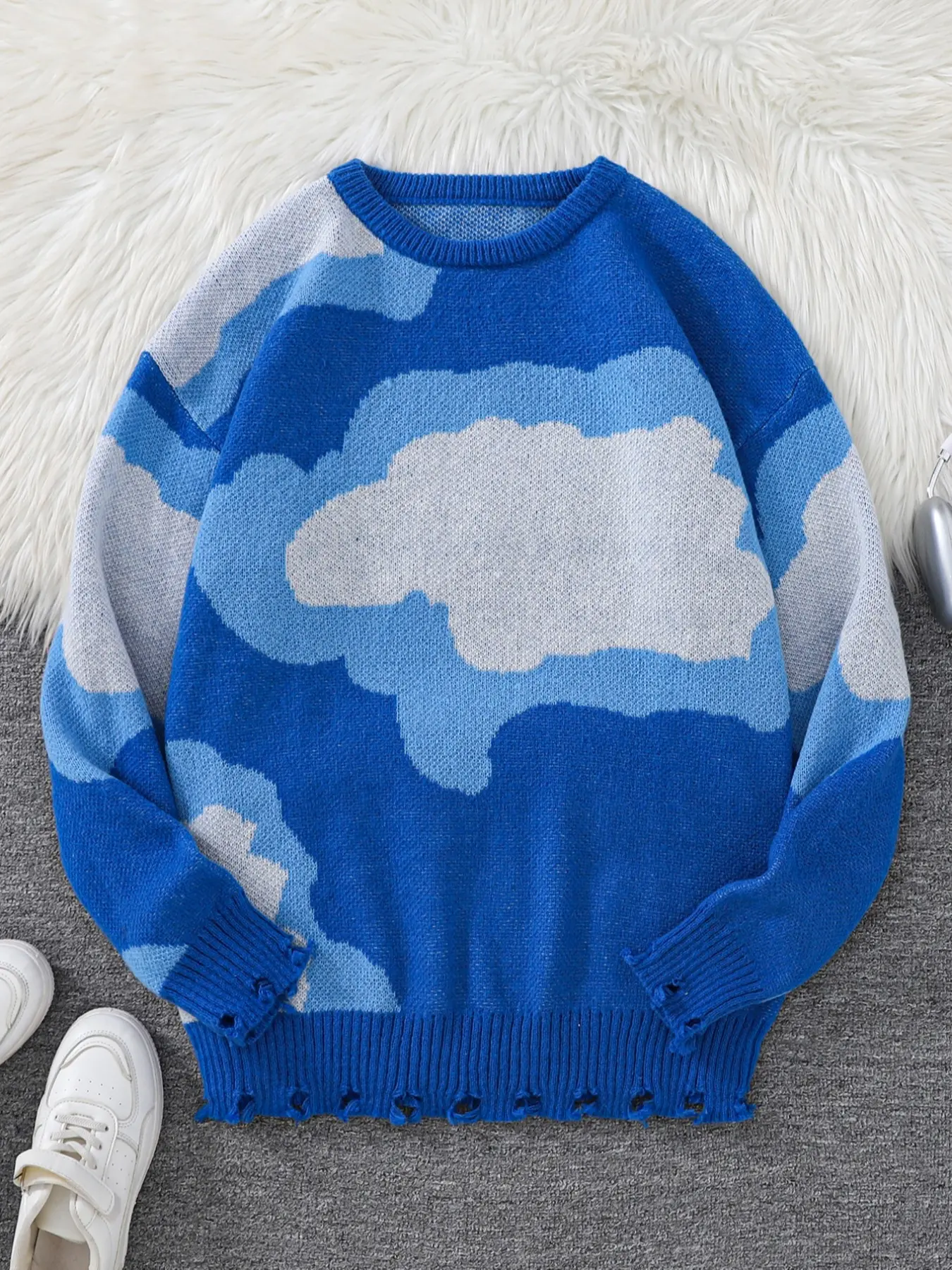 New Trendy Fall Winter Cloud Jacquard Knit Long Sleeve Knitted Sweater Knitwear, Casual Round Neck Fitted Pullover for Men, Fashion Street Style Design