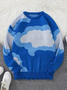 New Trendy Fall Winter Cloud Jacquard Knit Long Sleeve Sweater Knitwear, Casual Round Neck Fitted Pullover for Men, Fashion Street Style Design