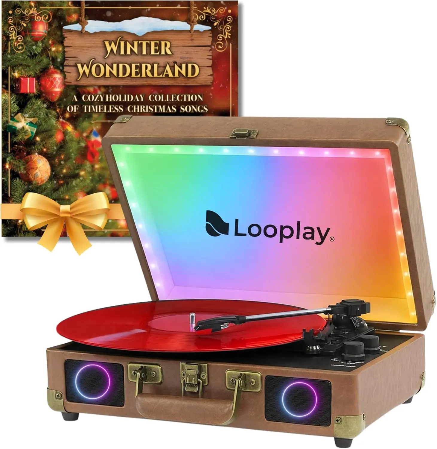 Looplay Premium Suitcase Vinyl Record Player - MDF+PVC Build, Built-in Spkrs, LED Lights, Bluetooth Playback, RCA, AUX, Limited Edition Winter Wonderland Album, Portable Festive Gifting Turntable