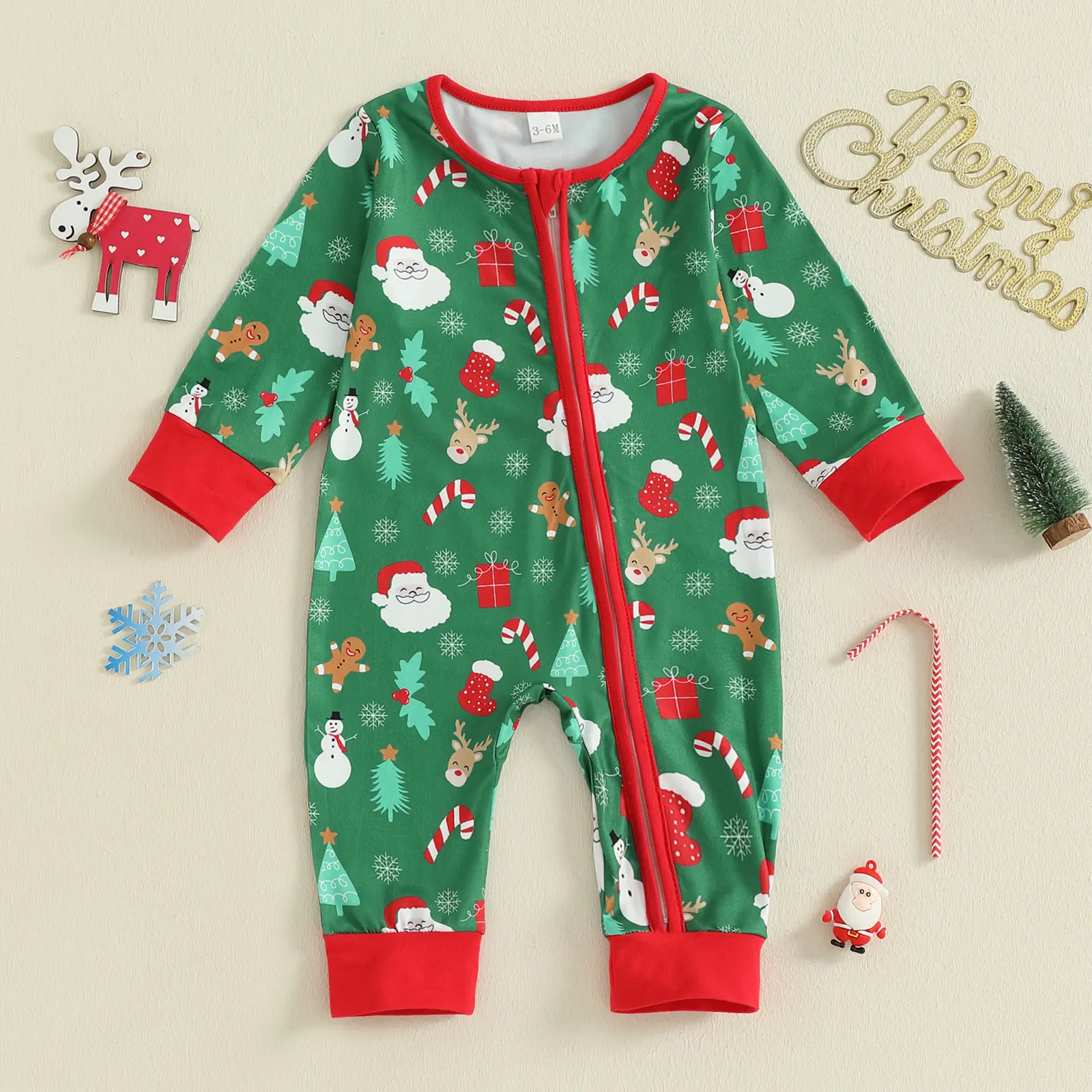 Newborn Baby Girl Boy Christmas Romper Reindeer Santa Print Zip Up Long Sleeve Fall Winter Jumpsuit 0-12 Months