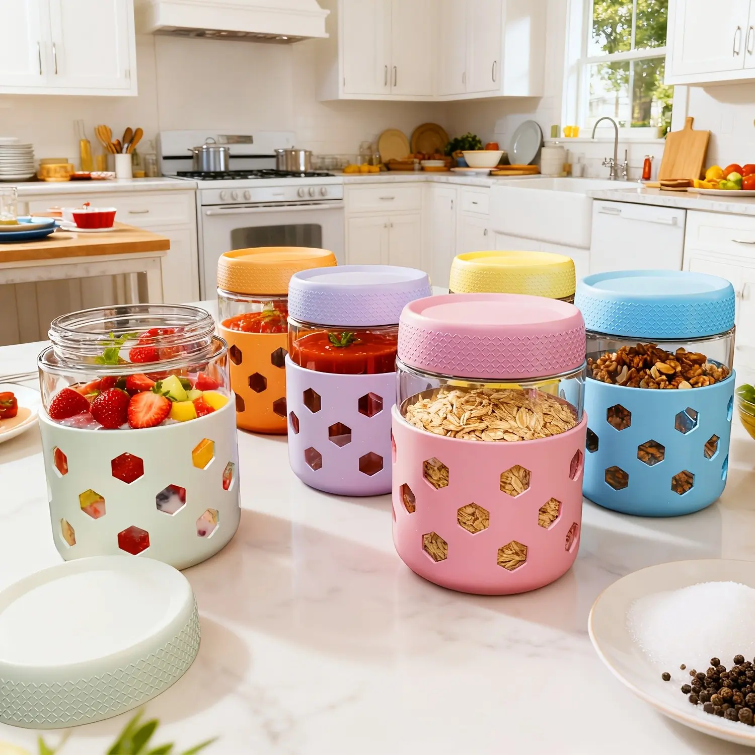 6-Piece Set 480ML Glass Mason Jars, Glass Canisters, Leak-Proof Airtight Food Storage Containers with Silicone Lids, Food Grade Container for Tea Nuts Yogurt Snacks
