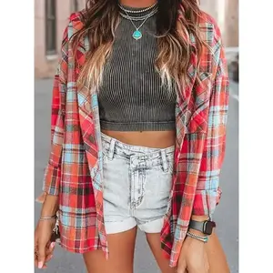 Casual Plaid Flannel Shirt for Women - 100% Polyester Fabric, Classic Lapel Collar, Long Shirt Sleeves, Blouse Comfort Top Womenswear Fitted Mixed Color Short