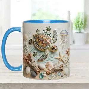 Personalized Sea Turtle Mug 2D Printed 3D Effect, Custom Name Coffee Cup with Ocean Life Turtle Design for Him and Her, Turtle Lovers and Ocean Enthusiasts, Perfect for Mother’s Day, Father’s Day, World Turtle Day, Birthdays, Meaningful Gift Idea