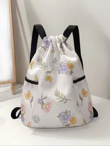Floral Pattern Drawstring Backpack, Large Capacity Durable Gym Bag, Adjustable Straps, Casual Sporty Beach Bag for Men & Women