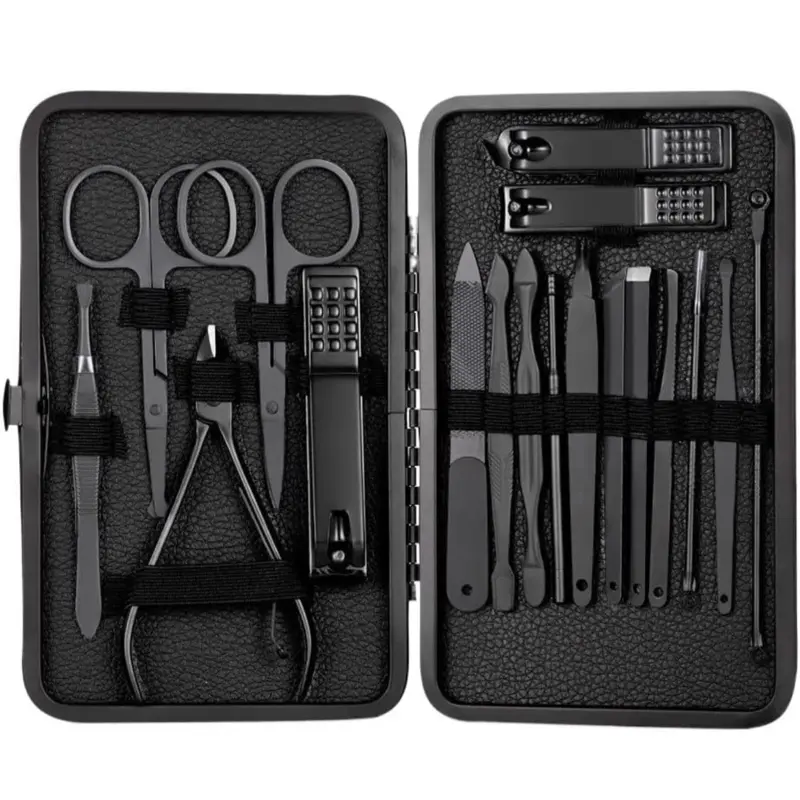 18 in 1 Manicure Set Stainless Steel Nail Clippers Pedicure Kit Portable Travel Household Nail Scissor Kit Nail Cutter Tool Set (Color : 18pcs Black)