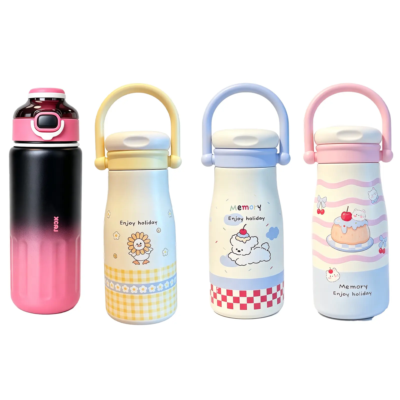 4Pcs Multi-Styles Cute Cartoon Insulated Stainless Steel Water Bottle, Flip Straw Leakproof Vacuum Tumbler with Portable Handle, Kawaii Thermal Travel Mug, Reusable Drink Cup Gift for Women Girls Students School Sports Travel