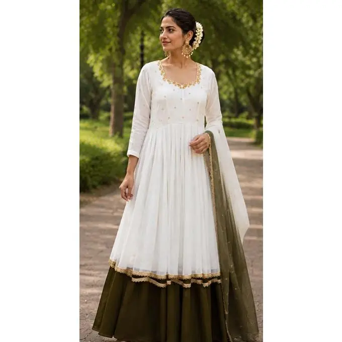 Two-Tone Anarkali Set – White & Olive Green Georgette with Hand Embroidery