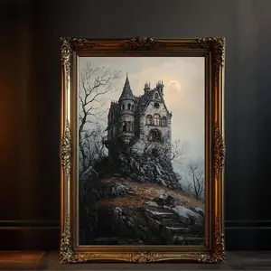 Haunted House Wall Art, Gothic Castle Artwork, Spooky Mansion Painting, Halloween Decor Print, Dark Fantasy Landscape Poster, Unframed