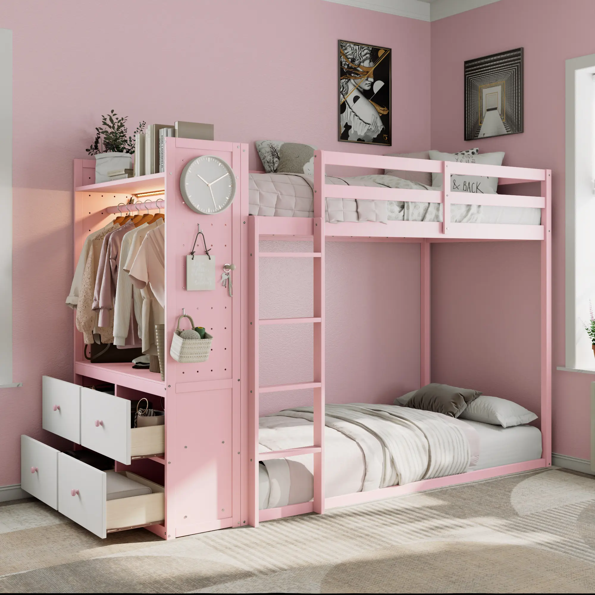 Twin Size Bunk Bed with 4 Storage Drawers, Integrated Wardrobe, LED Light Strip, Hanging Rail, Dual Pegboards, Pink, Space-Saving Design, 220 lbs Capacity