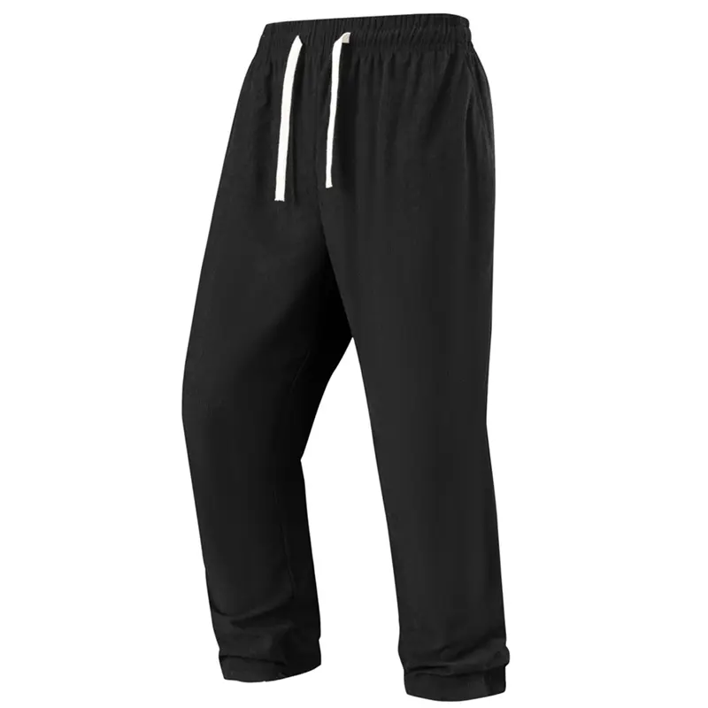 Men’s solid jogger pants with elastic waistband, white drawstring, tapered cuffs, casual loose fit, sports trousers with side pockets