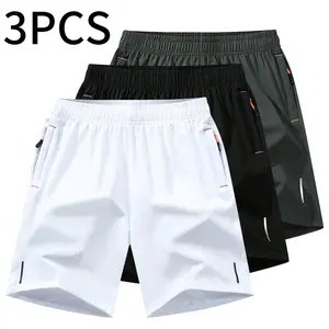 3-pack men’s quick-dry breathable shorts, casual athletic style, wrinkle-resistant textured design, solid color reflective stripes; suitable for outdoor activities, running, badminton, basketball—versatile men’s shorts., Athleisure Casual Shorts, Breathab
