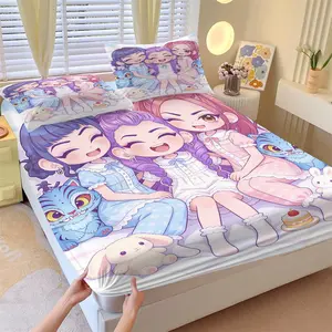 K-Pop Anime Girl Group Fitted Sheet Set, 1 Bed Skirt and 2 Coreless Pillowcases, Pajama Party Scene with Girls and Blue Tigers, Soft Breathable Fabric Bedding Set, Ideal for Gifts or Bedroom Decor