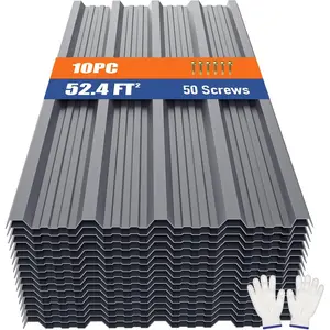 Metal Roofing Panels 10 count 52.4 ft2, Grey Corrugated Galvanized Steel Roof Panels with Screw, Heavy Duty Metal Siding Suitable for Garages Chicken Coop Sheds Stables Patio