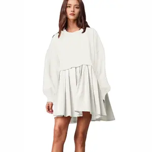 2025 Hot Style Spring Autumn Winter New Women's Long Sleeve Patchwork Loose Pleated Sweatshirt Dress