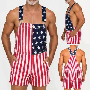 American Flag Overalls Shorts for Men Women, Stretch Denim Bib Shorts with Functional Pockets, USA 250th Birthday Outfit for 4th of July and World Cup