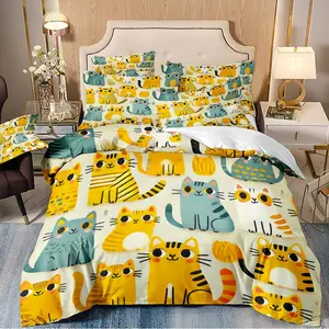 3-piece duvet cover set, beige with cute cartoon cat pattern, 3D digital printing, suitable for bedroom and guest room home décor (1 duvet cover, 2 pillowcases, duvet insert not included). Machine washable, zipper design.