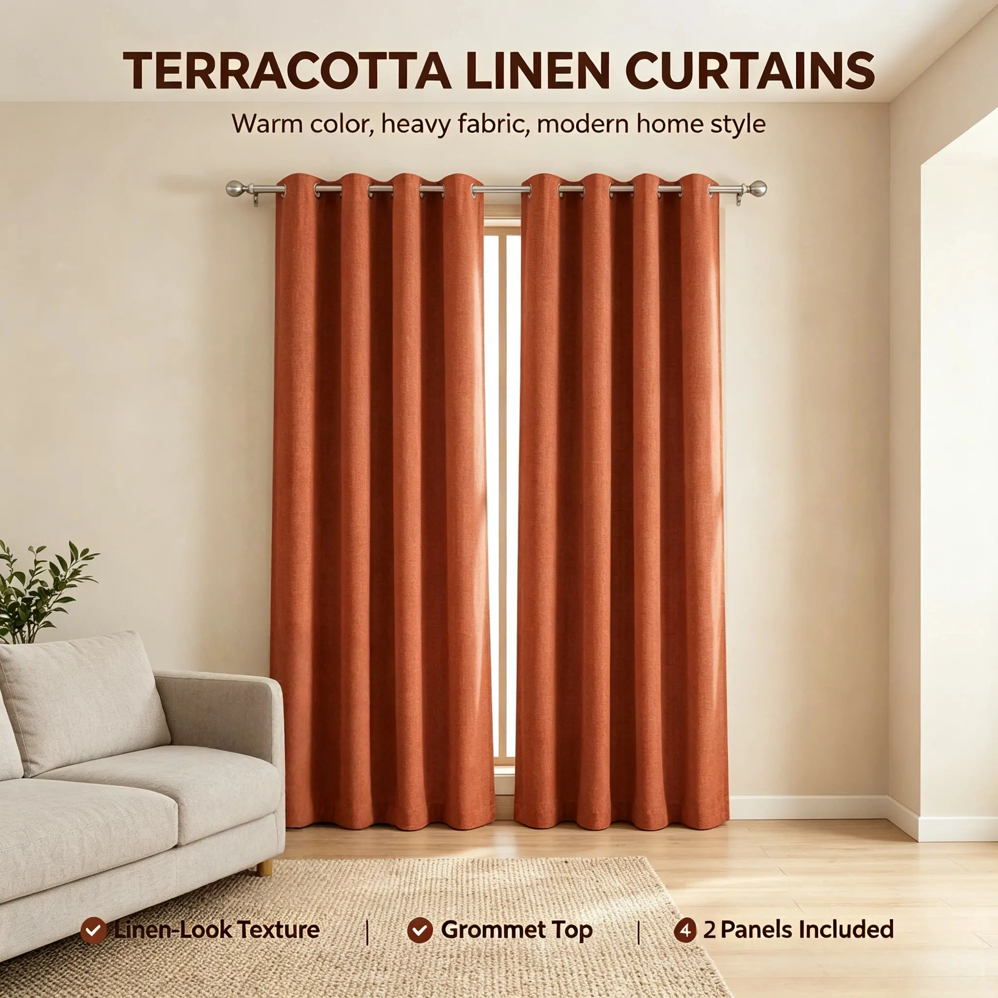 2 Panels Terracotta Blackout Linen Curtains,  Natural Draping, Modern Style, Home Decor Window Curtains, Soundproof & Thermal Insulated for Bedroom, Living Room, Apartment & Dorm sunscreen