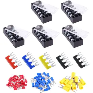 70Pcs(5Sets) Terminal Block Set, 5Pcs 4 Positions 600V 15A Dual Row Screw Terminals Strip + 5Pcs Pre-Insulated Barrier Strips + 60Pcs Insulated Fork Wire Connector (4P+Fork Connector)