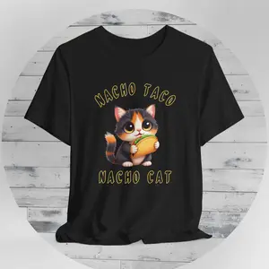 Nacho Taco Cat Unisex Tee, Funny Taco Lover Shirt, Cat with Taco Graphic Tee, Cute Kitty T-Shirt, Taco Tuesday Gift, Pet Lover Tee