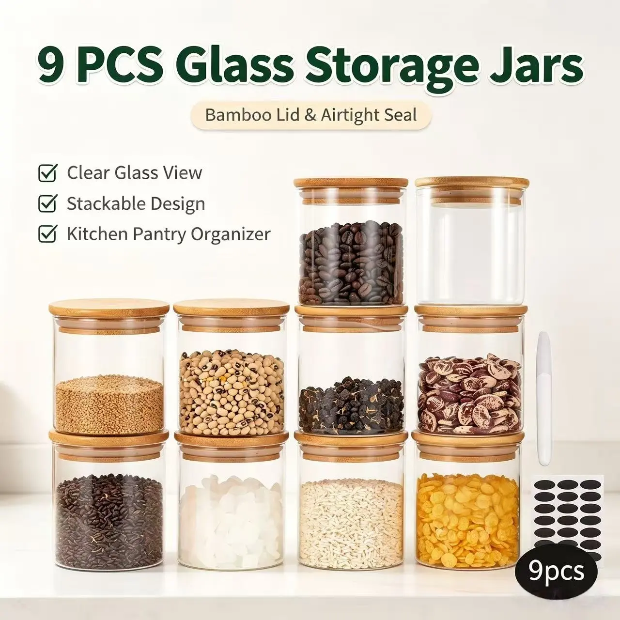 9-Piece Transparent Cylindrical Glass Food Storage Containers with Lids - 500ml/17oz Preservation Jars, Includes Note Paper & Pen, Ideal for Grains, Noodles, Seasonings, Great Kitchen Gift