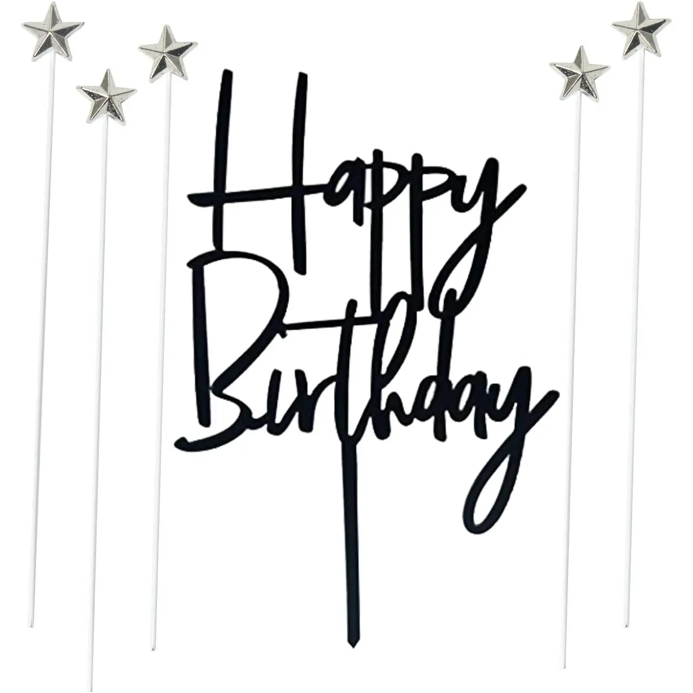 XY-SO28 Reusable Stars & Text Cake Decorations Set - 1 Double-Sided Black Acrylic Happy Birthday Topper, 5 Silver Pentagram Cupcake Toppers, 4.1in W, 6.6in L, Handwash-Safe for Birthday, Anniversary, Baby Shower Party Supplies, 6.6 Inches Length