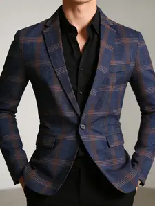 Men's Plaid Checked Blazer Jacket, Fitted Woven Fabric, Casual Business Style, Perfect for Formal & Daily Wear, Spring & Fall Season