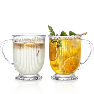 KEMORELA 16 Oz Ribbed Glass Coffee Mug Set Of 2, Clear Textured Drinking Glasses With Handle, Durable Heat-Resistant Mugs For Latte, Cappuccino, Tea Or Hot Chocolate, Stylish Coffee Bar Essentials, Dishwasher Safe, Perfect For Home, Cafe Or Gifting