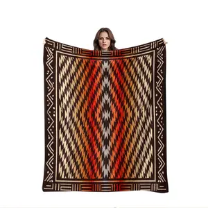 Native American geometric diamond-quilted flannel blanket, featuring retro, luxurious, ethnic attributes. Perfectly suits Pendleton styles, Western American aesthetics, Indian-inspired design, and minimalist/wabi-sabi home decor. Ideal as a sofa throw, be
