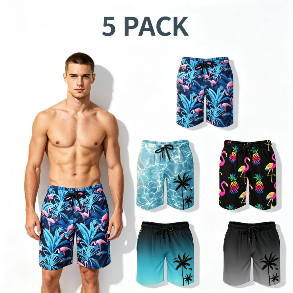 Men's 5-Pack Quick-Dry Swim Trunks, Tropical Flamingo Palm Print, Drawstring Beach Board Shorts for Summer day upf