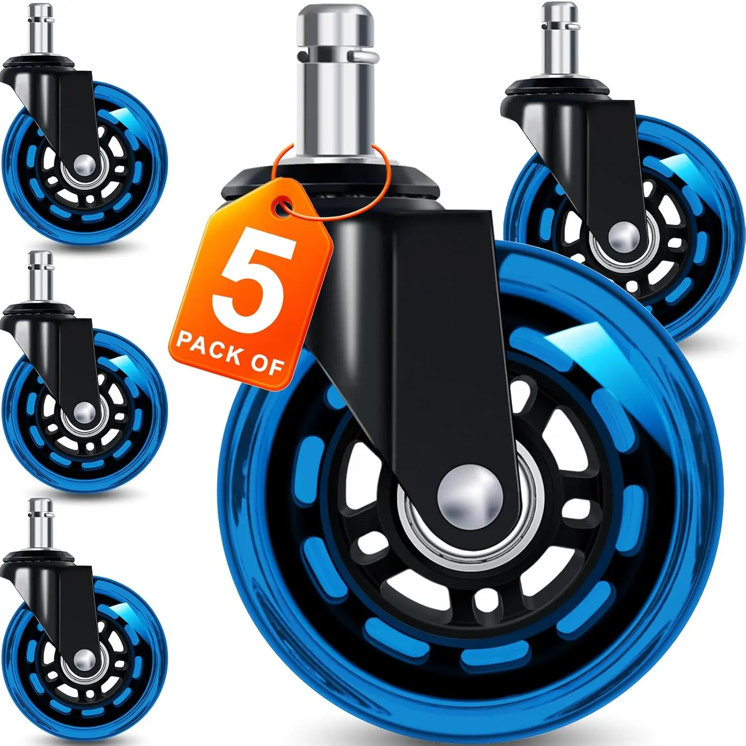 Office Chair Wheels for Casters Replacement - 3" Rubber Wheels for Computer Gaming Desk Caster Smooth & Safe Rolling for  Floors Including Hardwood and Carpet - Set of 5 - Blue