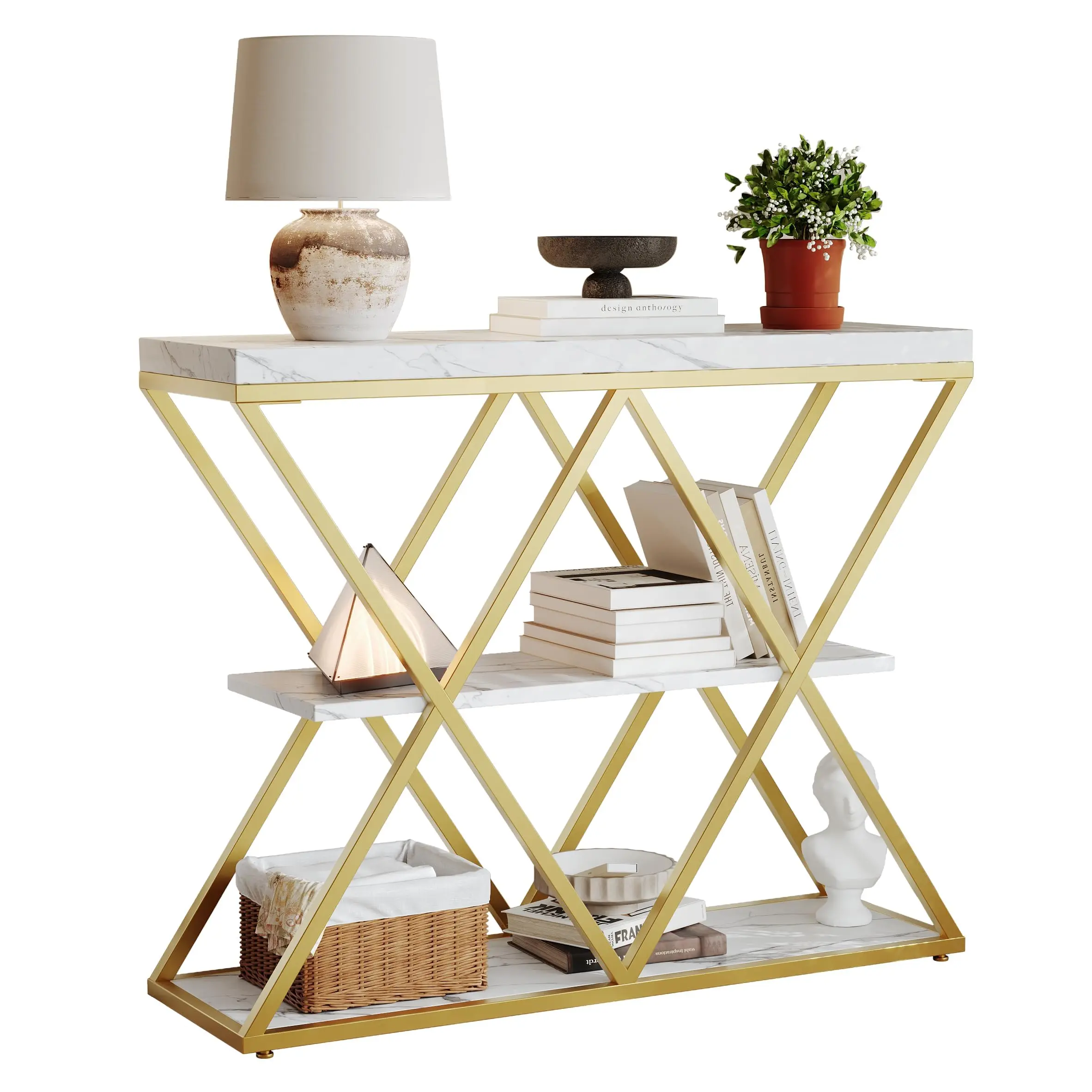 GAOMON 3-Tier Multifunctional Modern Console Table - Slim Rustic White Marble Entryway Sofa Table with X-Shaped Metal Legs, Metal Frame, Open Storage Shelves, Anti-Slip Feet, Tool-Free Assembly for Living Room, Hallway, Multifunctional Console Table