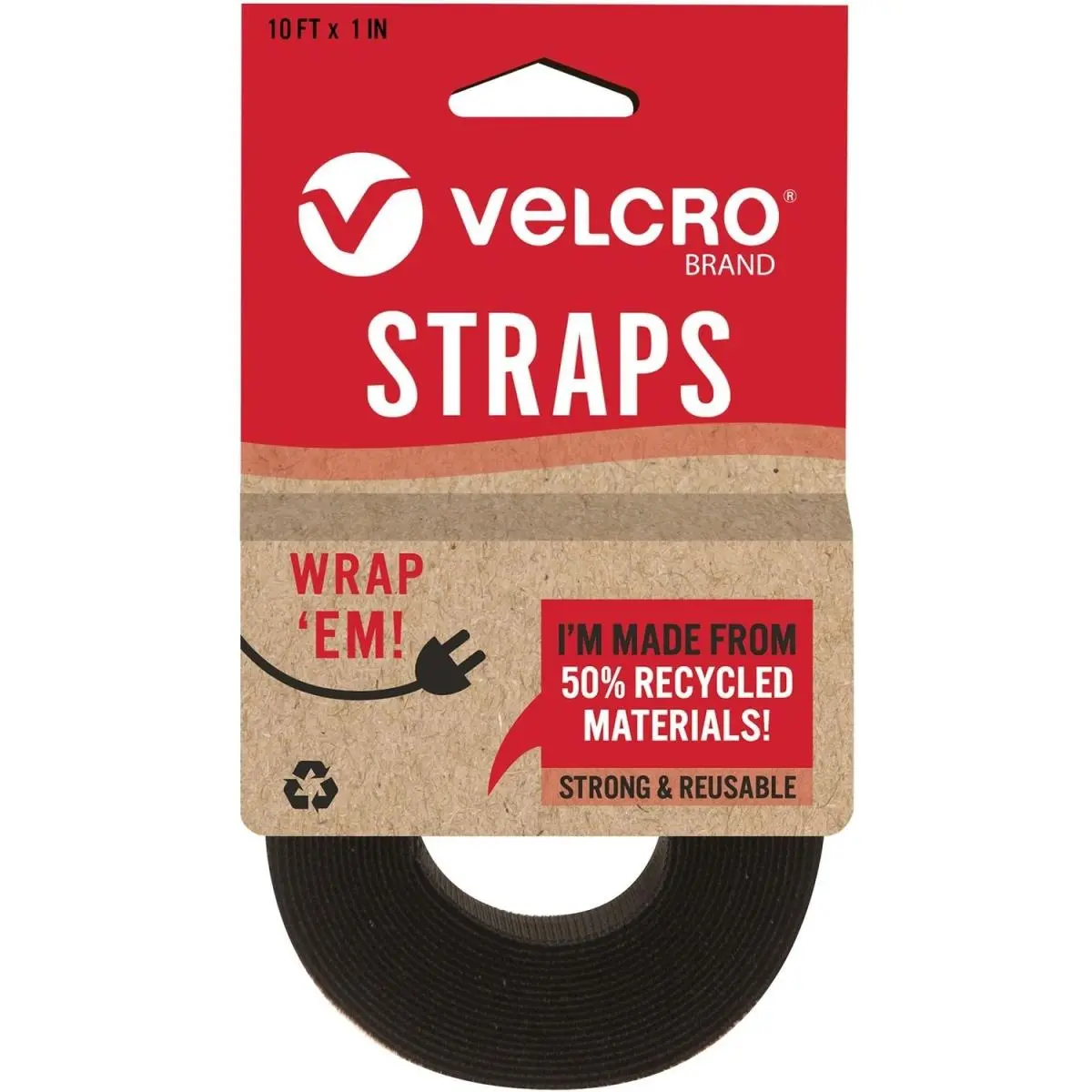 VELCRO Eco-Friendly Recycled Cable Strap (VEK30188) - 10x1 in Black Adjustable Cloth Hook and Eye, Reusable, Reliable Sustainable Solution for Charging Cords, Ropes Tools & Hardware Accessory
