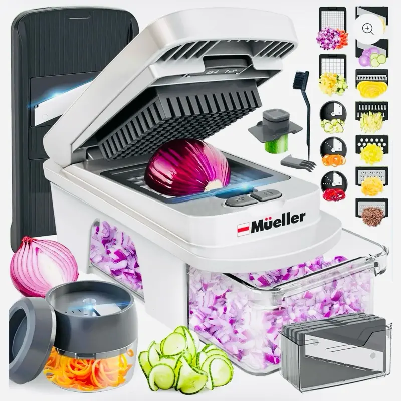 Mueller Pro-Series Compact 420-Grade Stainless Steel 8-Blade Interchangeable Mandoline Slicer - Multi-Tool Kitchen Utensil Set with Food Chopper, Vegetable Spiralizer, Cutter, Dicer, Grater, Container, White Sand/Gray, Ideal for Cabbage Prep, Family, Food