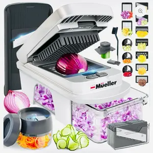 Pro-Series All-In-One, 12 Blade Mandoline Slicer for Kitchen, Food Chopper, Vegetable Slicer and Spiralizer, Cutter, Dicer, Grater, Kitchen Gadgets Sets with Container, White Sand/Gray