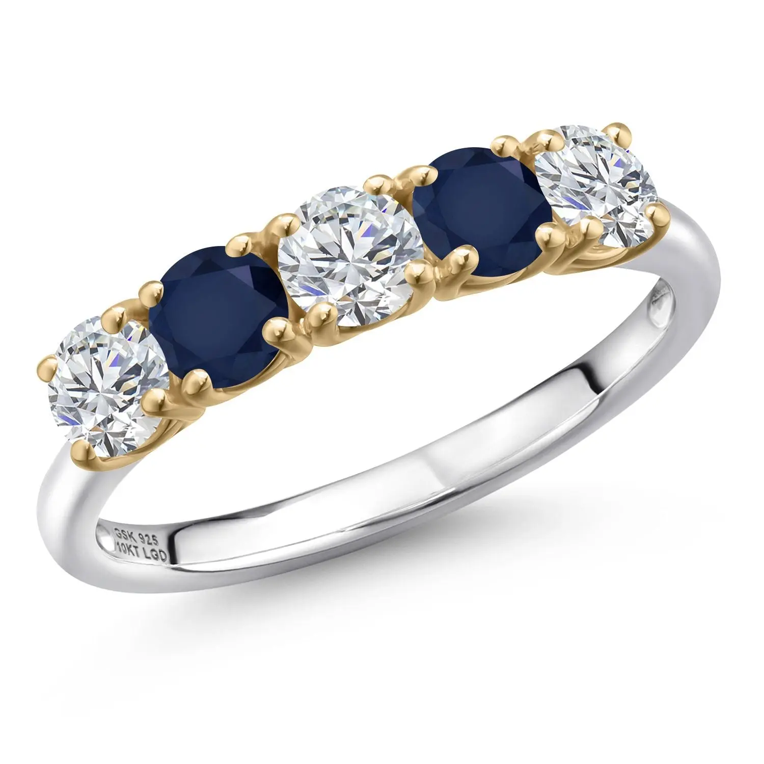 Gem Stone King 1.51 Cttw Lab Grown Diamond and Blue Sapphire Wedding-Bands Ring For Women | 925 Silver and 10K Yellow Gold | Round 4MM | Wedding Engagement Anniversary Promise Ring For Women, Two Tone Ring, 925 Sterling, Alternating