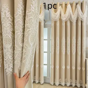 1pc Double Layer Light Blocking Cream Color Rhinestone Lace Curtain, Sunscreen Insulation, French Luxury Style for Bedroom Living Room Balcony
