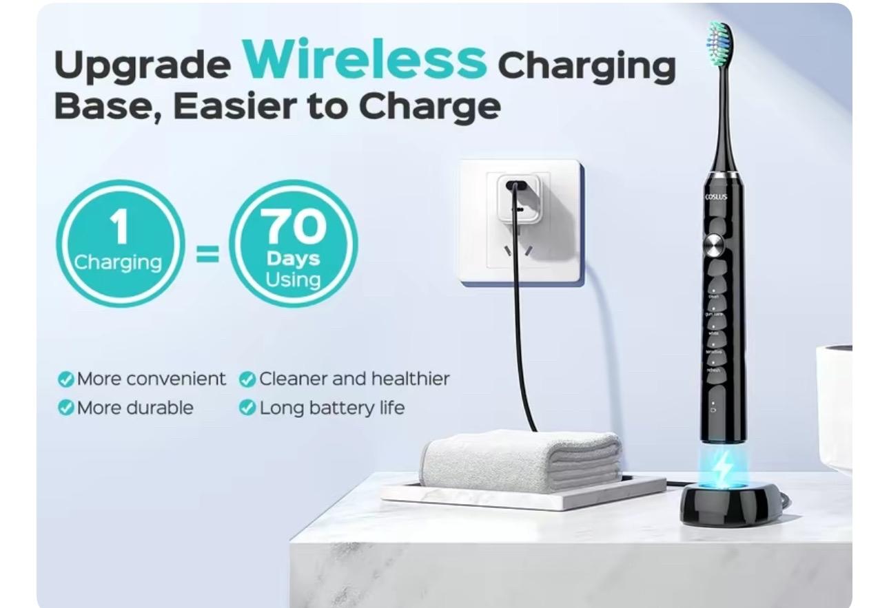 6 Replacement Brush Heads Electric Toothbrush with 47,000 VPM and 10x Cleaning Power - Cleansing, Wireless Charging, IPX Waterproof