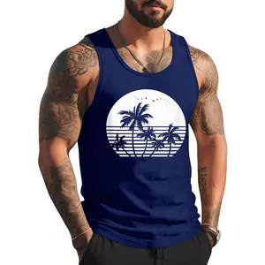 Vintage Birds Sunset Beach Palm trees Tank Top, Graphic Sleeveless Muscle Workout, Casual Knitted Slim Fit Beach Tank top, Summer Menswear